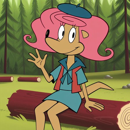 8k, uncensored, masterpiece, best quality, highly detailed, cartoon, 1girl, solo, PatsyCL, female furry, furry, anthro, herpestid, mongoose, pink hair, black eyes, black nose, tan body, medium tail, dark-blue beret, blue topwear, scout uniform, smile, closed mouth, dark-blue beret, blue topwear, scout outfit, (sitting, grass, log, forest, trees, front view, detailed background, flat chested, (4 fingers, waving), blue skirt, feet out of frame, short female, ((looking at viewer))