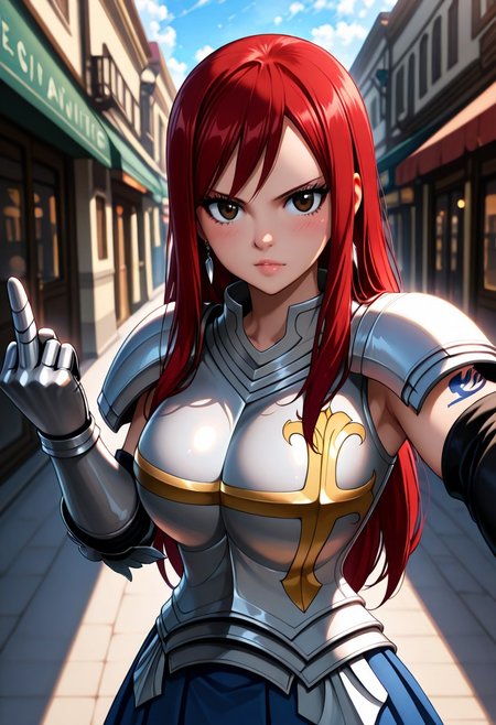 masterpiece, best quality, amazing quality, dynamic view,  solo, dynamic view,  solo, 1girl, masterpiece, best quality, bokeh, luminescent background, 
(erzascarlet,,
 red hair, long hair, earring,  brown eyes, shoulder tattoo, fairy tail tattoo, large breasts,,
 armor, breastplate, gauntlets, pauldrons, shoulder armor, pleated skirt, blue skirt, khee boots, black boots, 
, ), 
outdoors, storefront, selfie, outstretched arm, taking picture, reaching towards viewer, upper body, looking at viewer, middle finger