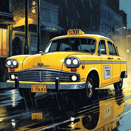 comic book art of  <lora:graphic novel style:1.2>
1980's a yellow taxi car driving down a wet street at night In graphic novel style, comic art, graphic novel illustration