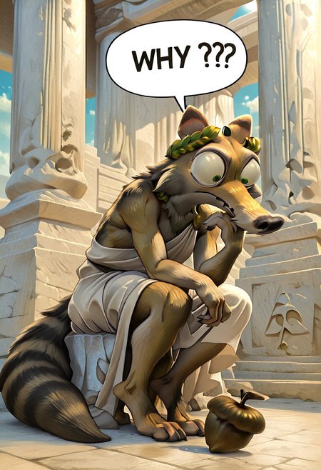 embedding:IllusP0s, Scrat, long snout, bushy tail, bulging eyes, striped tail, solo, old, grey beard, laurel crown, Ancient Greek Philosopher, toga, WHY?, speech bubble, kneeling, th1nk3r, sitting, head rest, leaning forward, holding an acorn, ancient greek temple background, detailed background, vibrant colors,