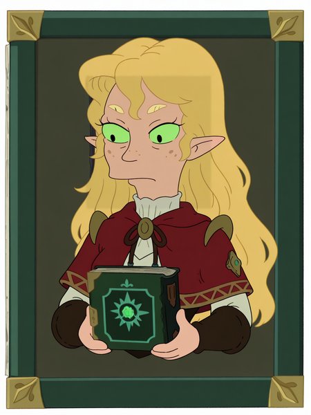 <lora:FuturamaIL2:0.35>, <lora:FuturamaIL:0.25>,
1girl blonde_hair book capelet cropped_torso green_eyes holding holding_book long_hair pointy_ears raised_inner_eyebrows solo
,  <lora:FuturamaHRIL:1>, best quality, absurdres