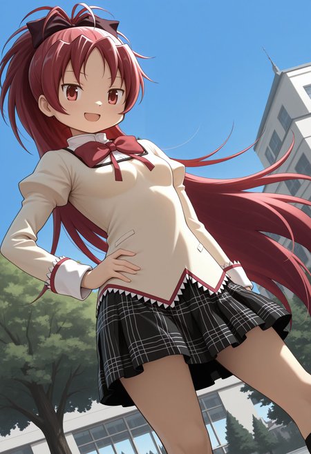 masterpiece, best quality, dutch angle, solo, looking at viewer, smile, :d, hand on own hip, pose, tree, building, blue sky, tree, 
 <lora:Sakura Kyoko illu v2:1> 1girl, red eyes, small breasts,ponytail, long hair, very long hair, hair bow, bow, red hair, hair ribbon, , mitakihara school uniform, skirt, plaid skirt, kneehighs, black socks