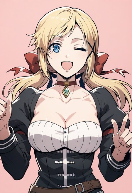 score_9, score_8_up, score_7_up, source_anime, 1girl, YUNA YUNIS, YUNA YUNIS REGULAR WEAR, 
1girl, solo, long hair, breasts, looking at viewer, smile, open mouth, blue eyes, blonde hair, simple background, hair ornament, ribbon, cleavage, medium breasts, hair ribbon, upper body, one eye closed, choker, pink background, pointing