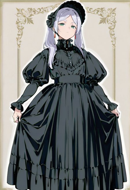 1girl,solo, alp, black dress, long sleeves, standing, puffy sleeves, frills, juliet sleeves, bonnet, frieren,