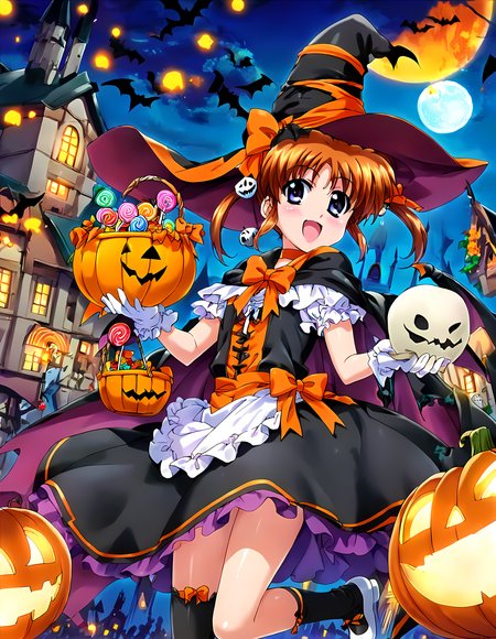 <lora:pony_xl_nanoha:0.9>,nanoha,score_9,score_8_up,score_7_up,source_anime,1girl,solo,halloween costume,happy halloween,halloween,trick or treat,witch,pumpkin hat,witch hat,food-themed hair ornament,pumpkin hair ornament,orange choker,cape,silk,orange ribbon,thighhighs,swirl lollipop,black legwear,jack-o'-lantern,basket,holding lantern,halloween bucket,holding vegetable,sweets,candy,candy cane,cookie,silhouette,bat,ghost,black cat,pumpkin,castle,pennant,clock tower,church,cross,graveyard,tombstone,coffin,town,gate,bare tree,spider web,night sky,full moon,moonlight,looking at viewer,smile,laughing,light_blush,