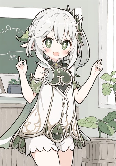 looking at viewer, blush, smile, :d, open mouth 
small girl dancing, white hair,
<lora:nahida_bs4_unet_2e-4_te_1e-4_dim64_alpha_32_768-000060:0.9> <lora:moffmachiStyle_moffmachiStyle:0.7>