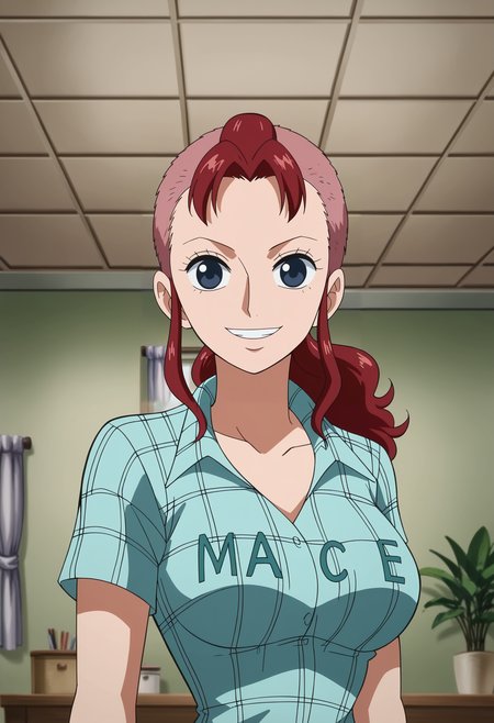 <lora:Bellemere-One_Piece_Episode_of_Nami:0.8>,Bellemere,mature female,1girl,solo,red hair,long hair,blue eyes,ponytail,breasts,shirt,upper body,looking at viewer,indoors,smile