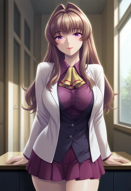masterpiece, best quality, amazing quality, 1girl, solo, cowboy shot, minaww, purple eyes, brown hair, long hair, hair intakes, large breasts, lipstick, white blazer, purple shirt, long sleeves, ascot, purple pleated skirt, looking at viewer, smile, indoors, day, skindentation, detailed clothing folds, depth of field, sharp, high contrast, dynamic light <lora:Kazuki_Mina_Yuumei_Sakai_o_Koto_ni_Suru_ill:0.9>