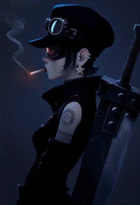 masterpiece, best quality, good quality, newest, very awa, 
1girl, hat, goggles, Buster Sword R5, tattoo, goth, side view, smoking, star earrings,