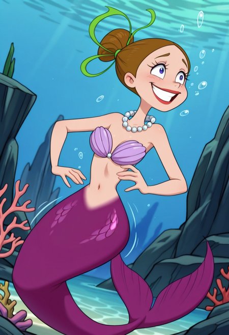 detailed background, solo, 1girl, FtpdMermaid, mermaid, red lipstick, brown hair in a bun, green hair tie, pearl necklace, purple shell bra, purple mermaid tail, smiling, (((expressive))), head movement, tail shown, solo, ((body movement, hand movement)), underwater, sea life, coral, detailed sea scenery, bubbles, detailed scenery, masterpiece, best quality, amazing quality, absurdres, newest, high res, ultra detailed, best quality, best artwork, detailed eyes, (eyes focus), perfect eyes, big iris, pupils visible, 4k, ultra quality, perfect face