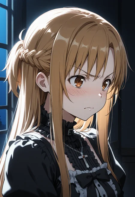 masterpiece, best quality, 1girl, solo, aaasuna, long hair, brown hair, braid, gothic, goth fashion, black dress, frills, puffy sleeves, jewelry, cross necklace, portrait, indoors, looking ahead, brown eyes, dark, shadow, night, blush, disdain, disgust, frown, serious, v-shaped eyebrows, closed mouth