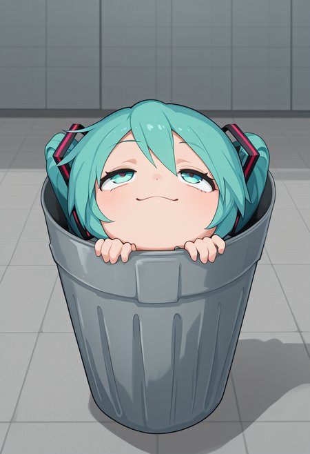 (masterpiece, high quality, amazing detail), highres, in trash can, 1girl, chibi, hatsune miku, looking up, smug, <lora:In_trash_can:1>