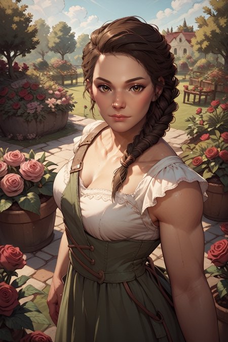 score_9, score_8_up, score_7_up, score_6_up
<lora:ACKassandra:0.9>
ACKassandra, 1girl, brown hair, brown eyes, braid, hair over shoulder, looking at viewer, rose garden, gardening, floral background