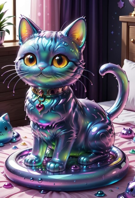 made of l1qu1dp34rl, metal, pearlescent, slime morph, mimic, cat animal, cat made out of slime, cat made out of pearlescent slime, cute kitten, sitting on a bed, metallic slime, pearlescent slime, translucent slime,