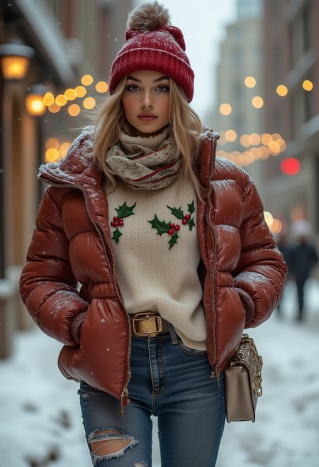 A beautiful christmas snowmen with Christmas heat is wearing a stylish puffy winter jacket paired  and a turtleneck sweater adorned with embroidered holly leaves and berries. The look is accessorized with a frilly scarf, a gold-accented belt, and metallic boots for a festive yet urban vibe. She poses out doors during a snowstorm. falling snow, christmas lights, rosy cheeks. pretty eyes