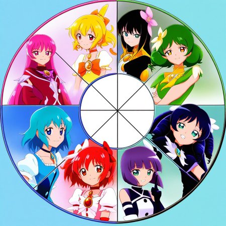 masterpiece, best quality,
source_anime, deep colors, 
high quality, high resolution, detailed, highres, highly detailed, intricate details, 
(color_wheel_challenge:1.2), multiple girls, magical girls, mahou shoujo,
red hair, pink hair, orange hair, yellow hair, green hair, cyan hair, blue hair, purple hair, violet hair, black hair, 
red dress, pink dress, orange dress, yellow dress, green dress, cyan dress, blue dress, purple dress, violet dress, black dress,