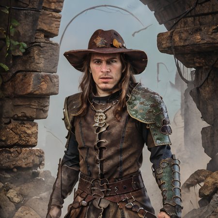 RAW photo, (masterpiece:1.3), subsurface scattering, heavy shadow, (high quality:1.4), (intricate, high detail:1.2), professional photography, HDR, High Dynamic Range, realistic, ultra realistic, photorealistic, high resolution, film photography, ambient lighting, atmospheric effects, <lora:detail_slider_v4:2>, OverallDetail, epic medieval fantasy, a inquisitor with reddish brown long and messy hair, felt hat, mehe <lora:Medieval_Headwear:1>, pendant with a holy symbol, bracers,  belt, at sundown, <lora:zoom_slider_v1:-1.5>,  <lora:cleavage:-1>, in the style of Alex Horley, by alex horley, <lora:horley_dataset-13:0.8>, epiCPhoto