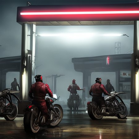 gas station with motorcycles, art by thishonor, dystopian, rainy, dramatic lighting