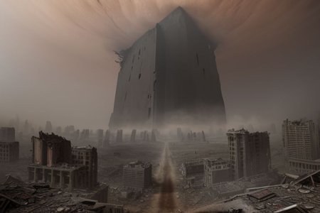 realistic, hyper-realistic, ultra detailed, 8k, photo,  
Wasteland city ruins, Collapsed modern city to ruins, red dust in every corner, very low vegetation, Collapsed city,  ruined dark skyscrapers in distance, duststorm in sky, 
Dark sky, cloudy sky, 
huge shiny black monolith in the far distance, 
 some bone pieces in the ground,
