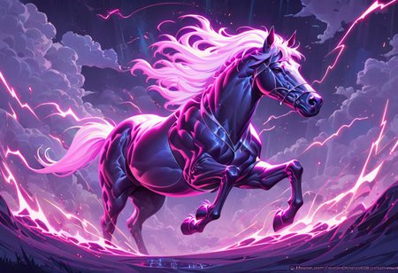 Realistic painting of a large horse galloping powerfully across a vast steppe, with dynamic ray tracing capturing the sunlight filtering through an expansive sky, by artists inspired by the detail and lifelikeness of George Stubbs and the dynamic compositions of Frederic Remington, cinematic composition, trending on ArtStation
BadDream, anzhcdreamwave, aesthetic, glowneon, glowing, sparks, lightning