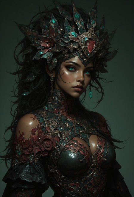 A statue of a african woman made of obsidian, her skin composed of delicate, textured obsidian, with diamond and obsidian carved flowers intricately woven into her hair, her eyes are a bright, glowing green color, and she is wearing a majestic, windy-blown ornate gown with tattered, ruby and obsidian petals, reminiscent of a dark, dystopian world, her face and shoulders illuminated by a soft, ambient glow, as if radiating an otherworldly energy. In the styles of Royo's dark, mystical realism, Artgerm's hyper-detailed, metallic sheen, and Lovecraft's eerie, atmospheric tension, with meticulous attention to intricate textures, dramatic shading, and a sense of haunting, ethereal beauty.