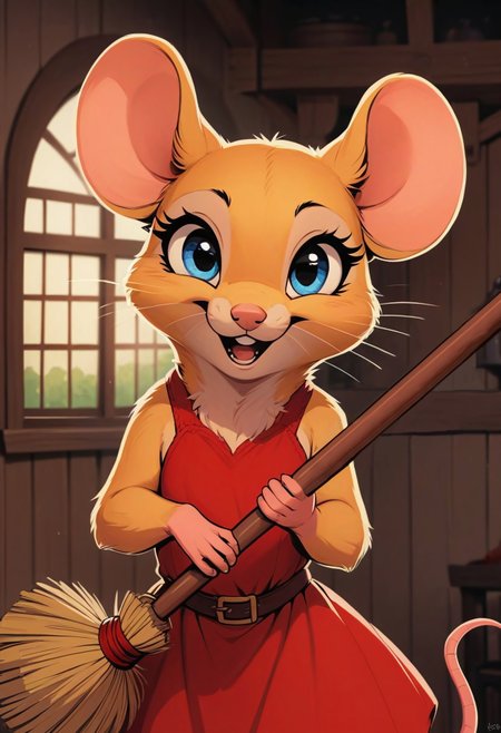 score_9, score_8_up, score_7_up, score_6_up, score_5_up, score_4_up,
[][][][][]
flat color, in the style of Beatrix Potter,
[][][][][]
feral, female, solo, mouse, fluffy fur and cheeks, short sleeveless red dress, yellow fur, yellow ears, bright blue eyes, cel-shading, happy and content expression, ((looking at viewer)), cottage, (holding broom), irresistibly cute, (upper body shot:1.5), backlit
[][][][][]
(feral:1.8), [[side view]], (cute), indoors