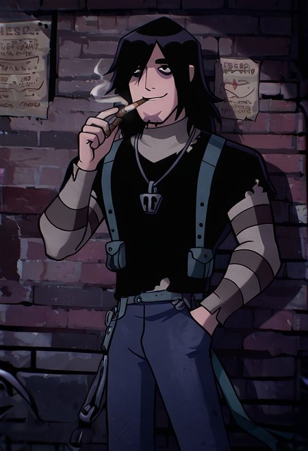 masterpiece, best quality, amazing quality, very aesthetic, absurdres, newest,
kevinov, black hair, bags under eyes, long hair, black eyes, necklace, goatee, layered sleeves, black shirt, long sleeves, short over long sleeves, torn clothes, striped sleeves, jeans, overall belt, 
smoking cigar, dynamic pose, dark night, alleyway, invitation, hand in pocket, smile, from bottom, worm view, alleyway, brick walls, missing posters,
