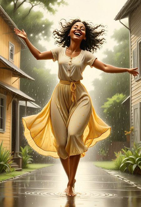 Jed-Pen,
A joyous woman dances barefoot in the middle of a summer downpour, arms outstretched and face turned upward. Droplets catch the golden glow of the late afternoon sun, creating a scene of pure, unfiltered happiness., folk-art style, bold simplified forms, flat perspectives, graphite color palette, narrative compositions, African American life, expressive texture, emotional depth, storytelling focus, unique light and shadow, direct and unembellished, personal and cultural heritage