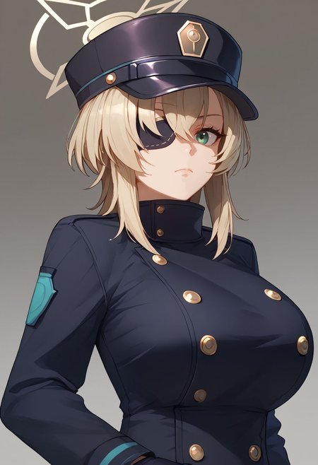 score_9,score_8_up,core_7_up, <lora:suou_blue_archive_xl:1>suou-ba, 1girl, solo, breasts, hat, eyepatch, large breasts, gloves, simple background, long sleeves, closed mouth, black headwear, upper body, black gloves, buttons, bangs, peaked cap