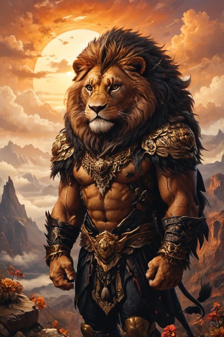 Detailed digital portrait of an anthro Lion (Silhouetted against the sunset, dramatic backdrop) at a Floating islands above cloud canyons, <lora:xl_more_art-full_v1:0.5>,  <lora:The_Crazy_Style:0.7> <lora:anthro_muscular:0.7>