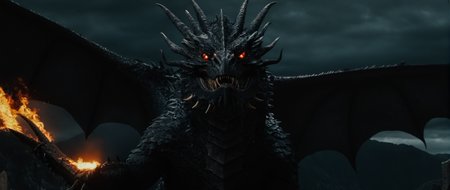 cinematic film still of  <lora:The Lord of the Rings style v2:1>
In a Fantasy Middle-earth world in the dark ages Ancalagon The Black Dragon a black Morgoth dragon with glowing eyes and a black background,solo,simple background,red eyes,no humans,glowing,slit pupils,black background,glowing eyes,dragon,scales , dramatic light, dramatic shadow light, film contrast, cinematic film color, cinematic film look, filmic, realistic, realism, perfection, perfect, movie still, fantasy drama, epic drama, fictional, Age of Wonders, Age of Empires, warriors,  Medieval style, middle ages, dungeons and dragons style, different people, different, unique, kingdoms and castles, violent, aggressive, detailed, perfection, detailed face, detailed body, detailed hands, detailed eyes, sharp, horror themed, dark themed, epic fantasy adventure film style, Legendary, mythical, The Lord of the Rings style, shallow depth of field, vignette, highly detailed, high budget, bokeh, cinemascope, moody, epic, gorgeous, film grain, grainy