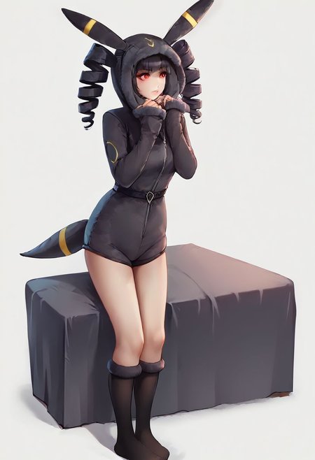 score_9, score_8_up, score_7_up, score_6_up, score_5_up, score_4_up, 1girl,  celestia ludenberg, long hair, bangs, black hair, red eyes, long sleeves, twintails, drill hair, twin drills, curvy, source_anime, ears, hood up, onesie, tail, knee high socks,  umbr30n, <lora:umbr30nXLP:0.6> full body, bedroom background, sitting on bed