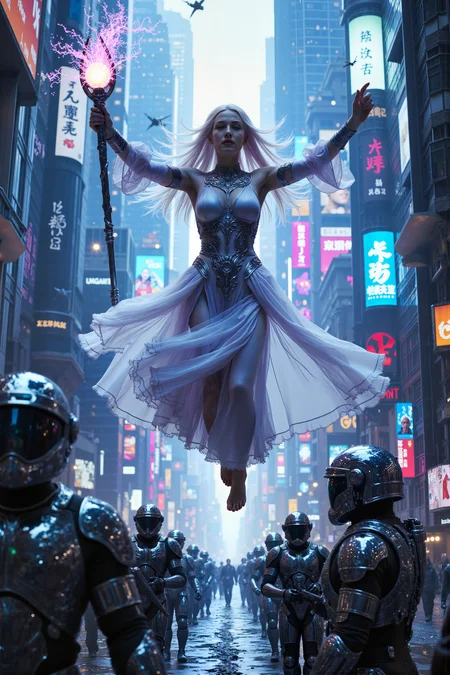 A professional photograph of  At the heart of a neon-lit megacity, a sorceress with iridescent, silver hair and pale lavender skin hovers in the air, her robes flowing as they pulse with intricate circuitry woven into the fabric. Below her, the city streets are a mix of towering skyscrapers and floating platforms, with holographic advertisements flickering amidst ancient stone ruins that have been built into the very fabric of the futuristic metropolis. In one hand, she holds a staff made of sleek chrome and ancient runes, its tip glowing with a swirling orb of raw energy. Across from her, a squadron of heavily-armored cyber-soldiers moves in unison, their glowing visors scanning her as they raise their energy rifles, ready to strike. Above, flying drones buzz through the sky, casting long shadows over the cityâs underbelly where slums and tech debris create a labyrinthine maze. The air is thick with the hum of machinery and the low murmur of distant engines, but a sudden gust of wind, infused with the sorceressâs arcane power, causes the cityâs power grid to flicker. The scene is a tense standoff between the arcane and the technological, where ancient magic confronts the cold precision of a cybernetic army.<lora:aidmaMJ6.1-FLUX-V0.1:0.6><lora:Movie_Portrait><lora:Flux DetailerV2>