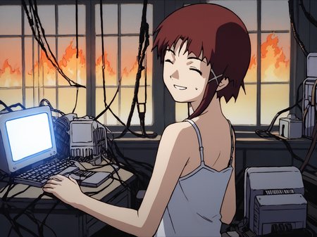 score_9, source_anime, BREAK, a girl trying to fix a computer server as it is on fire, computer server room on fire:1.3, lots of computers:1.6, fire:1.3, wires, chords, messy electrical chords, (((computer on fire:1.3))), multiple computers, from side, looking back, lightning, <lora:Lain_PonyXLv3:0.8> white camisole, iwakura lain, broken monitor, broken glass, extremely detailed, masterpiece, evil smile, closed eyes, sweatdrop