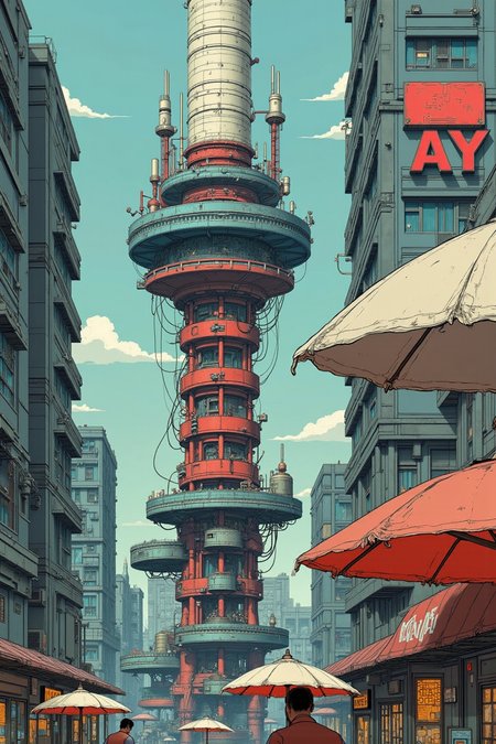 , sharp photo of an illustration of a futuristic cityscape with a tall tower in the center. The tower is made up of multiple layers of red and blue colors, with a white cylindrical structure at the top. The structure has multiple antennas and wires attached to it, and it appears to be made of metal. On the left side of the tower, there are several buildings with balconies and balconies, and on the right side, there is a tall building with a red sign that reads "KAY". The sky is a light blue color, and there are a few clouds in the background. At the bottom of the image, two people can be seen walking on the street, with umbrellas in front of them. The overall mood of the illustration is vibrant and lively.