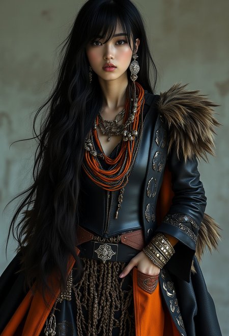 midjourney_whisper_avant_couture, Japanese woman, long hair, bangs, avant-garde leather armor, tribal necklaces and earrings, cowboy shot, photography