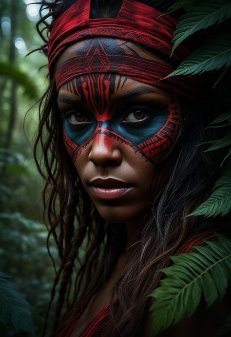 mysterious silhouette of a tribal woman, jungle, (red warpaint over eyes only), goddess, alluring, by Minjae Lee, Carne Griffiths, Emily Kell, Steve McCurry, Geoffroy Thoorens, Aaron Horkey, Jordan Grimmer, Greg Rutkowski, amazing depth, double exposure, surreal, geometric patterns, intricately detailed, bokeh,  perfect balanced, deep fine borders, artistic photorealism , smooth,  great masterwork by head of prompt engineering   <lora:add-detail-xl:2>  <lora:Double_Exposure:0.5>