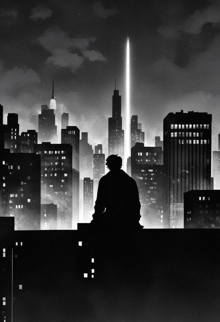 (best quality, masterpiece, colorful, dynamic angle, highest detailed)  
 Superman sitting on the roof looking at the city New York, feel the daggers in the dark, depression, alone, monochrome, pop of colors, extremely detailed, paranoid, mood, you make me feel fucking sad