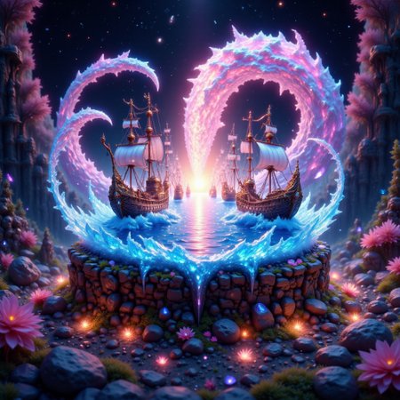 bo-exposure, pinketherealmj, a crystal ball showing A beautiful magical ocean inside, with a fleet of fantasy style  mini viking ships. The crystal ball is floating inside a colorful cosmic storm on space, magical glow, internal glow, magic, fantasy, glowing, colorful,