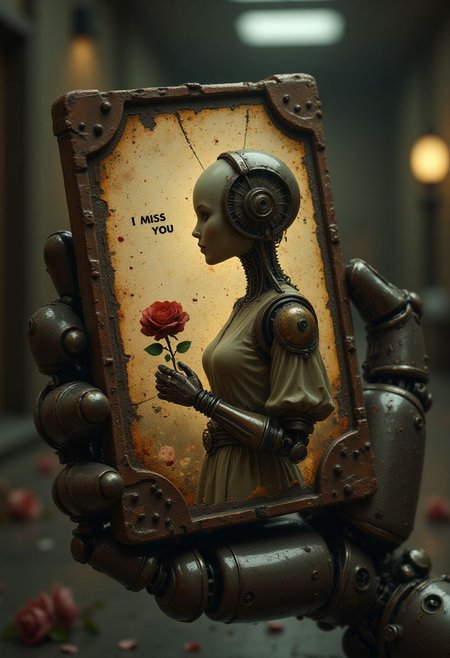 One robotic hand square rubber matte plastic fingers, with visible cybernetic joints, carefully holding a vintage, eroded photography . The aged photo features a steampunk cyborg bald ((female faceless mannequin)), elegantly posed in a bygone era, with intricate brass and copper accents, exposed gears, and delicate engravings running along its mechanical limbs, holding a rose. The futuristic modern cyber text "I MISS YOU" is subtly printed across the faded image, its rough pixels blending into the worn, weathered surface of the photo. - The spaceship background is dimly lit and out of focus, emphasizing the photograph as the central focal points. - The photo’s edges are frayed and discolored, showing signs of time, while faint creases and scratches add realism. - A soft, nostalgic glow highlights the metallic sheen of the fingers, creating a contrast between the futuristic robotic form and the aged memory they hold. - A poignant blend of technology and longing, capturing the emotional weight of a lost past. - Hyper-detailed textures on the eroded photograph and mechanical fingers enhance realism. - Cinematic lighting and subtle depth of field add drama, reinforcing the theme of memory and nostalgia.  <lora:Hand v2:1> <lora:aidmaLOVEboost:1>
