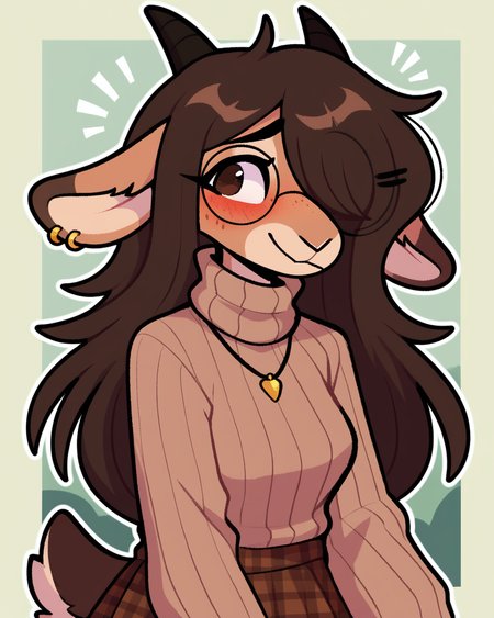 score_9_up, score_8_up, score_7_up, score_6_up, by remanedur, half length portrait, furry, blush, female, furry female, round glasses, turtleneck, turtleneck sweater, sleeves past fingers, sleeves past wrists, goat, horns, hairclip, brown hair, freckles, medium breasts, necklace, brown eyes, hair over one eye, ear piercing, plaid skirt, leg warmers, female, ring, long hair, tail, solo, smile, happy, three-quarter view, head tilt, tail, simple background, white outline, <lora:Leah_Pines(AIM)_XL_v1:0.15> <lora:PDXL_artist_tags_v2_big:0.5> <lora:The-Minuscule-Task_PDXL_v1.0:0.6>  <lora:Kiko_Jayrnski:0.7>