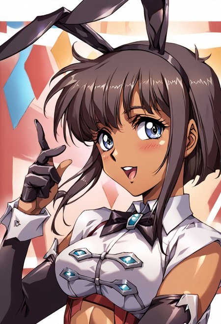 towa,black hair,long hair, Dark skin, tanned skin, dark skin female, white crap top, white shirt, elbow gloves, navel, navel cutout, playboy bunny, black gloves, red leotard, short hair, clothing cutout, fake tail, rabbit tail, zettai ryouiki, purple thighhighs, red footwear, high heels, 1990s (style), retro artstyle, <lora:misty_may_pony_v1:1> standing, dynamic pose , open mouth, blush,light smile looking at viewer,(upper body, close-up,:1.3), outdoors,, score_9, score_8_up, score_7_up, best quapoty, highres, absurdres, source_anime, zPDXL3, 1girl,solo