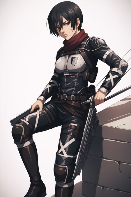 score_9, score_8_up, score_7_up, BREAK source_anime, <lora:adult mikasa ackerman-PonyXL-lora-faxtron:0.8> adult mikasa ackerman, black eyes, black hair, short hair, paradis military uniform, armor, boots,