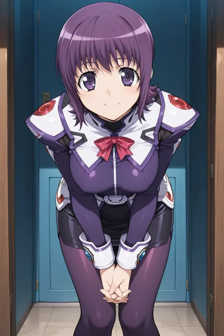 masterpiece, best quality, stellvia_machida_ayaka_ilxl, solo, 1girl,  <lora:stellvia_machida_ayaka_ilxl:0.9> purple uniform, black pencil skirt, tights, looking at viewer, smile, Bowing forward, hands clasped