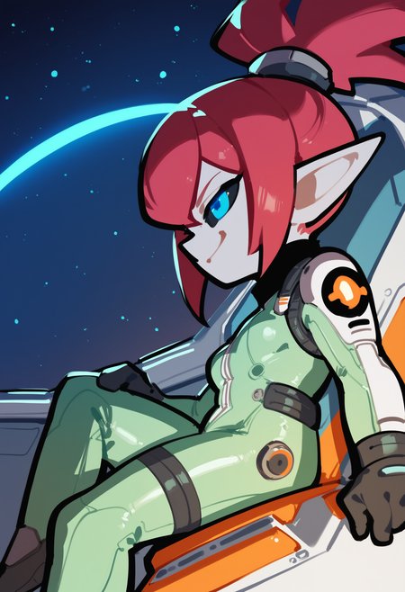 score_9, score_8_up, score_7_up,
solo, 1girl, (white skin), crimson hair, long bang ponytail, pointed ears, blue eyes, black sclera, small breasts, smirk,
pilot girl, green suit, space suit,
from below, low angle, side view, sitting on pilot's seat, console,
 <lora:PungsonMoriChibi-style:1>, pungsonmorichibi, chibi,