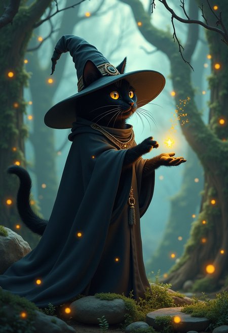 A bipedal black cat wearing a huge oversized witch hat, a wizards robe, casting a spell,in an enchanted forest. The scene is filled with fireflies and moss on surrounding rocks and trees,in the style of ck-ncr,