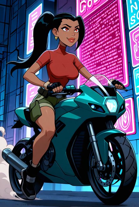 <lora:ovkai-10:1> ovkai, 1girl, long hair, black hair, dark skin, ponytail, earrings, big lips, red shirt, short sleeves, turtleneck, green cargo shorts, fingerless gloves, ((cartoon,  screencap)), dynamic pose, expressive,  amazing quality, best quality, facial expression , smile, badass, riding motorcycle, side view, smoke, from bottom, futuristic bike, outdoors, cyberpunk city, neon signs, neon garage, bike pose, background blur, foreground blur, action scene, masterpiece, best quality, amazing quality, very aesthetic, absurdres, newest,