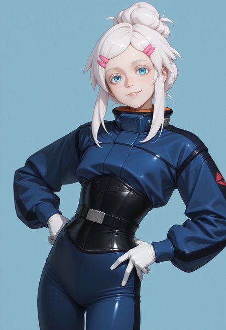 masterpiece, best quality, newest, (realistic:0.5), solo, looking at viewer, 
very aesthetic, newest,looking at viewer, smile, hand on hips, light blue background,  very awa
 <lora:Deux illu:1> 1girl, white hair, single hair bun,sidelocks, white eyelash, hairclip,freckles hair ornament, blue eyes, blue jacket, black corset, pilot suit, belt, white gloves, mobile suit,