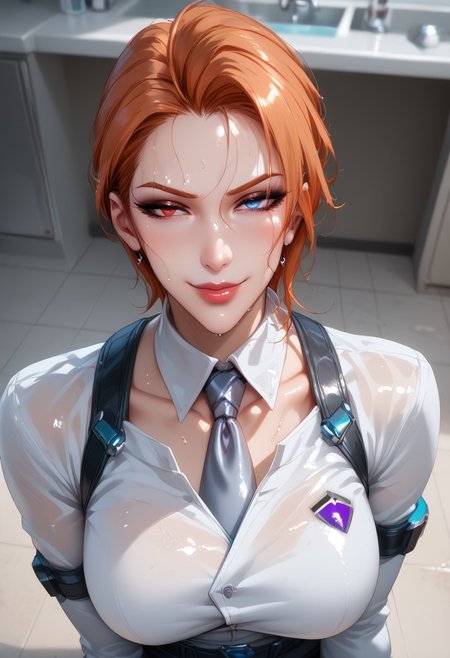 MAIDOLL,
score_9, score_8_up, score_8, anime style, source_anime, 
BREAK, 
1girl ,solo, beautiful mature female, gilf, voluptuous, curvy, looking at viewer, masterpiece, high detailed skin,  mature female, motherly, character focus,  depth of field,, curvy, EyesHD, 
moiraxl,heterochromia,short hair,orange hair,red eye,blue eye,smug, white lab shirt, white lab coat,,tie,right demon arm, waving hand,,looking at viewer,harness,belt,  eyeliner, smokey eyeshadow, 
,seductive smile, sultry, ,blush, embarrassed, from above, 
,hips, waist,
,indoors, sweaty, wet hair,
,makeup, eyeshadow, 
(pinup pose, dynamic pose, upper body, seductive pose, dynamic angle, dutch angle, waist, leaning forward, sitting, dynamic action photos,)
,cinematic, masterpiece, best quality, ultra-detailed, very aesthetic, high res,
, pureerosface_v1, Expressiveh, intricate_details_xl,