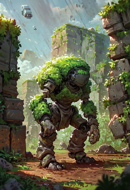 score_9,score_8_up,score_7_up, AUTOMATON, 
giant rock golem with plants growing on shoulders, rough rocks, rough stone, unpolished, dirty, ancient, STANDING,